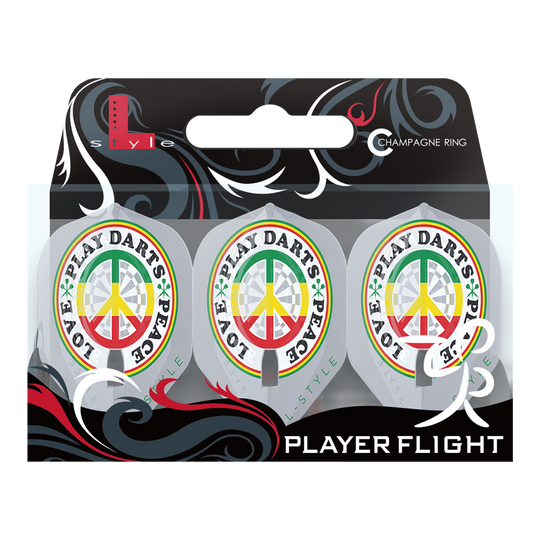 Das Bild zeigt die L-Style Deta Hedman V4 Clear White L1PRO Flights für Dartpfeile in einer Verpackung. Auf den Flights ist ein buntes Friedenszeichen mit den Worten "PLAY DARTS * PEACE * LOVE" abgebildet.