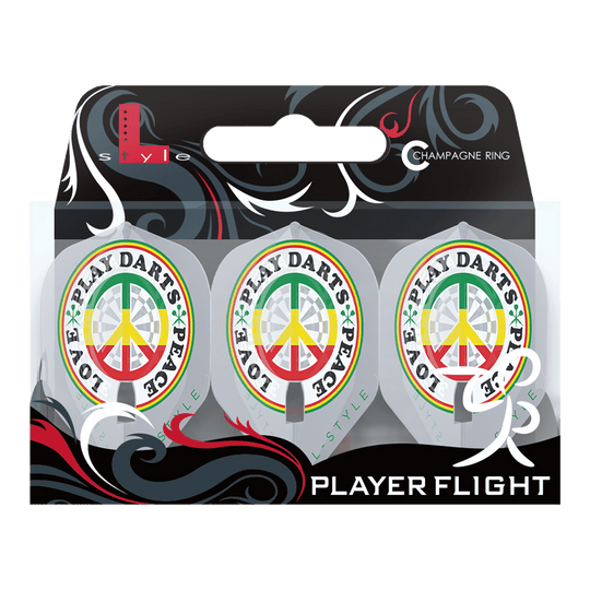 Vuelos L-Style Deta Hedman V4 Blanco Transparente L1PRO Das Bild zeigt die L-Style Deta Hedman V4 Clear White L1PRO Flights für Dartpfeile in einer Verpackung. Auf den Flights ist ein buntes Friedenszeichen mit den Worten "PLAY DARTS * PEACE * LOVE" abgebildet.
