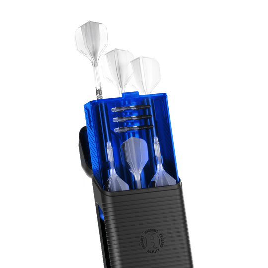 Eine blaue Darttasche namens Harrows Vault ist abgebildet. Die Tasche ist geschlossen und wird von oben gezeigt.