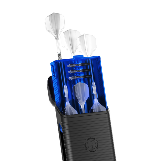 Estuche para dardos Harrows Vault Eine blaue Darttasche namens Harrows Vault ist abgebildet. Die Tasche ist geschlossen und wird von oben gezeigt.