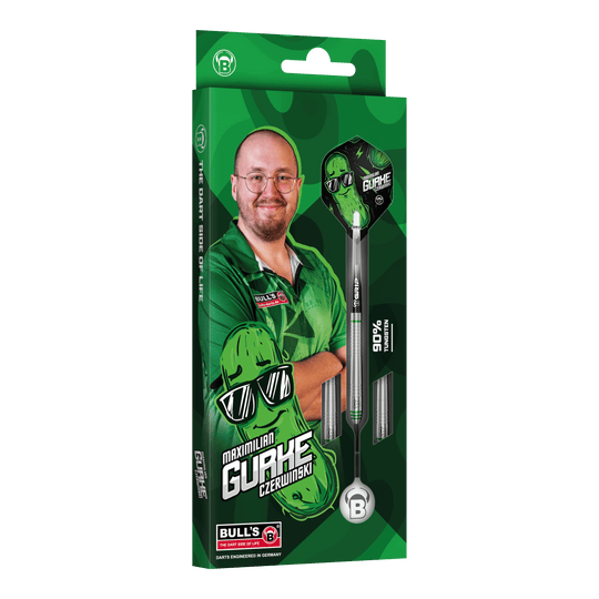 Dardos de acero de pepino Bulls Max Czerwinski - 23 g Bulls Max Czerwinski Gurke Steeldarts mit einem Gewicht von 23 Gramm. Diese Aufnahme zeigt Details des Dartpfeils.