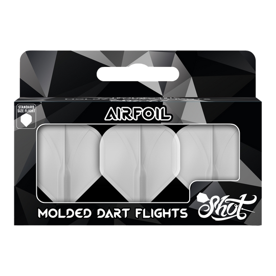 Perfil aerodinámico moldeado No2 Vuelos estándar Auf dem Bild ist eine Packung mit geformten Dart-Flights der Marke Shot zu sehen. Die Flights sind durchsichtig und in einer schwarzen Verpackung mit der Aufschrift "Airfoil" präsentiert.