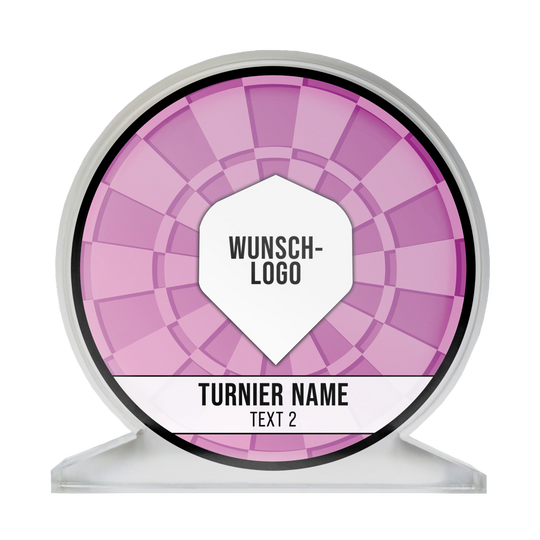 ACP-Pink_Acrylglas_Pokal_mit_Wunschdruck_Logo_Pink_1 Auf dem Bild ist ein runder Acrylglas-Pokal mit pinkem Hintergrund und geometrischem Muster zu sehen. In der Mitte steht "WUNSCH-LOGO" und unten befindet sich Platz für den Turniernamen und weiteren Text.