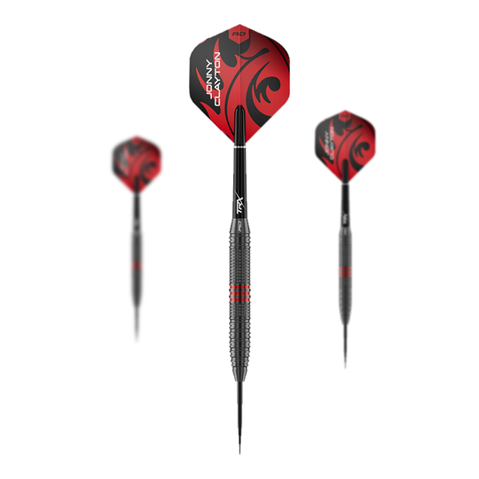 Dardos de acero Red Dragon Jonny Clayton Core Brass - 21 g Das Bild zeigt ein Set der Red Dragon Jonny Clayton Core Brass Steeldarts mit 21g Gewicht. Es sind drei Darts mit goldener Griffzone und roten Flights dargestellt.