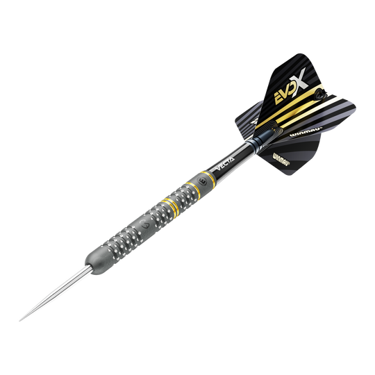 Dardos de acero Winmau Michael Van Gerwen Evo-X Das Bild zeigt einen Winmau Michael Van Gerwen Evo-X Steeldart. Der Dart hat ein schwarzes und gelbes Design mit metallischer Spitze und strukturierter Griffzone.