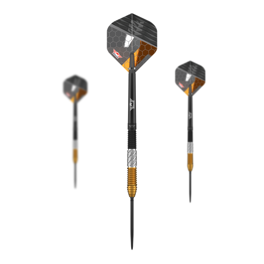 Dieses Set zeigt die Bulls NL Dirk Van Duijvenbode 95% Convertible Points Steeldarts. Die Darts zeichnen sich durch ihre wandelbaren Spitzen und das elegante Design aus.