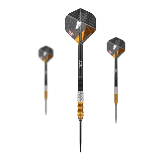 Bulls NL Dirk Van Duijvenbode 95% puntos convertibles Steeldarts Dieses Set zeigt die Bulls NL Dirk Van Duijvenbode 95% Convertible Points Steeldarts. Die Darts zeichnen sich durch ihre wandelbaren Spitzen und das elegante Design aus.