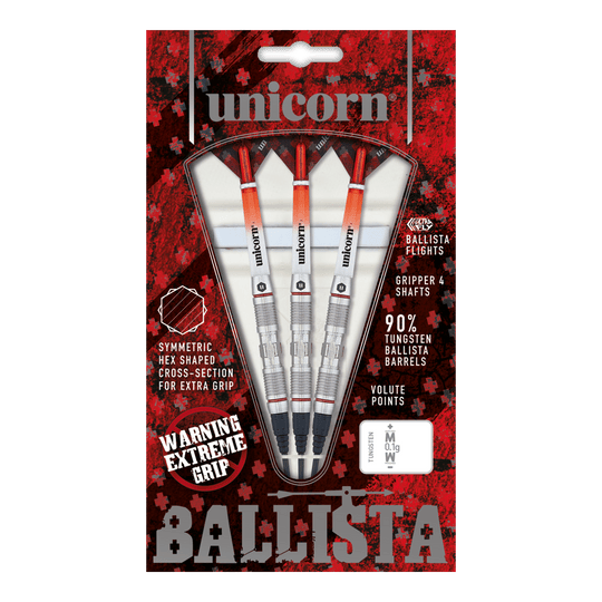 Dardos suaves Unicorn Ballista Style 2 Das Bild zeigt eine Packung „Unicorn Ballista Style 2 Softdarts“. In der Packung befinden sich drei Softdarts mit silbernen und orangenen Details.