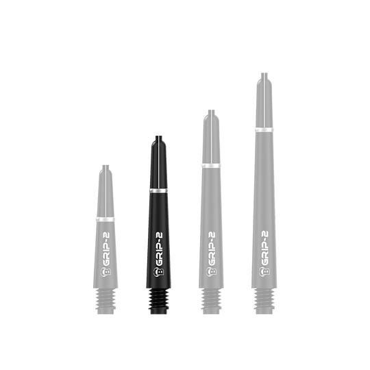 Das Bild zeigt vier schwarze Bulls B-Grip-2 SL Shafts in unterschiedlicher Länge. Die Shafts sind mit weißer Schrift und einem silbernen Ring am oberen Ende versehen.