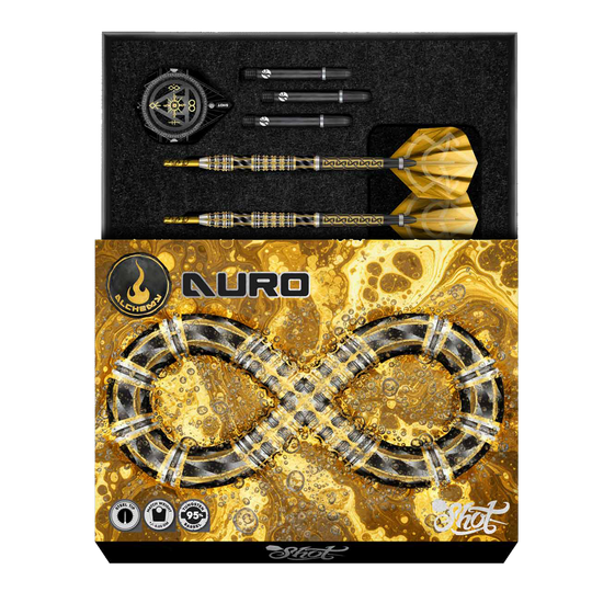 Hier sieht man die Shot Alchemy Auro Softdarts mit 20g Gewicht. Es handelt sich um hochwertige Softdarts für präzises Spielen.