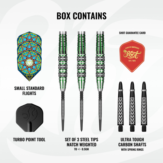 Zu sehen ist eine Gruppe Shot Celt Druid TurboPoints Steeldarts. Die Darts sind strukturiert und dechiffriert angeordnet.