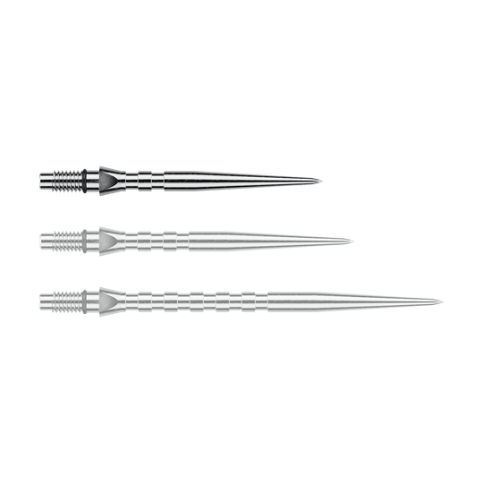 Puntas de dardos de acero Winmau Switch Point Groove - Efecto plateado Abgebildet ist eine einzelne silberne Steeldartspitze mit Rillen, vermutlich vom Typ 'Switch Point Groove Silver Effect' und 26mm. Diese Spitze eignet sich für Steeldarts.