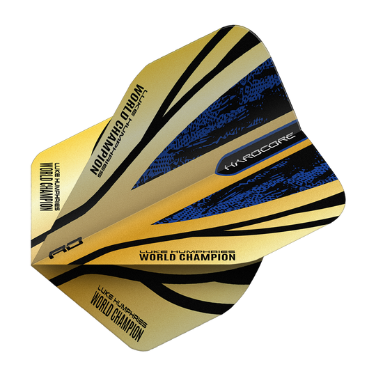 Vuelos Red Dragon Hardcore Premium Luke Humphries Gold Standard Das Bild zeigt das Produkt "Red Dragon Hardcore Premium Luke Humphries Gold Standard Flights". Die Dart-Flight ist goldfarben mit schwarzen und blauen Akzenten und trägt die Aufschrift "Luke Humphries World Champion".