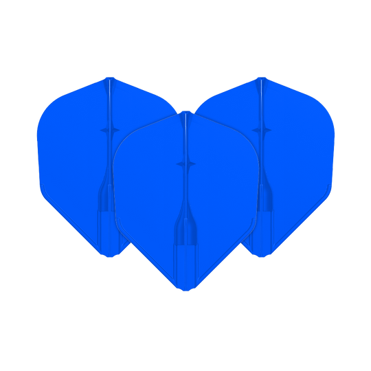 Vuelos L-L-Style3EZ Das Bild zeigt drei blaue Dartflights, die nebeneinander angeordnet sind. Sie haben eine klassische, leicht abgerundete Form.