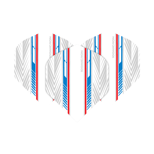 Vuelos de pentatlón blanco/azul/rojo Das Bild zeigt die Pentathlon White Blue Red No2 Standard Flights. Sie haben ein weißes Design mit blauen und roten Streifen sowie grauen Mustern.