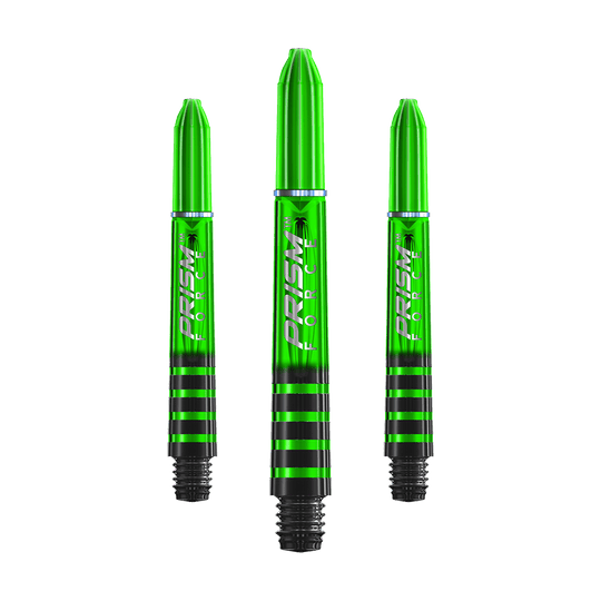7020-105_Winmau_Prism_Force_Shafts_Gr-n_35mm_1 Auf dem Bild sind drei grüne Dartschäfte mit schwarzen Streifen zu sehen. Auf den Schäften steht der Schriftzug "PRISM FORCE".