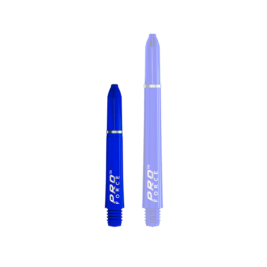 7011_104_Winmau_Pro-Force_Shafts_Blau_35mm_1kwITQVyXnNPUY Das Bild zeigt zwei blaue Dartschäfte des Modells "Winmau Pro-Force Shafts". Auf den Schäften steht in weißer Schrift "PRO FORCE".