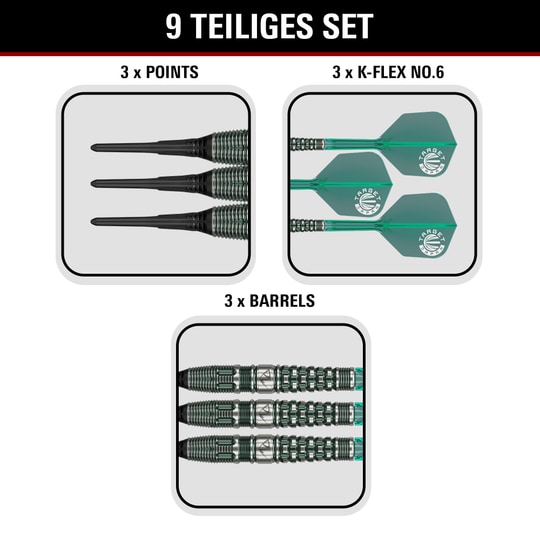 Hier sehen Sie den Target Japan Prime Series PW GEN 3 Softdart mit 19g Gewicht. Das Foto hebt die Gestaltung dieses Produkts hervor.