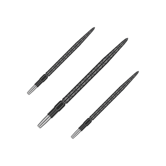 Puntas de dardos Target Swiss Diamond Pro Black Points Das Bild zeigt drei schwarze Dartspitzen mit einem diamantförmigen Muster. Sie sind in unterschiedlichen Winkeln angeordnet und haben einen metallischen Befestigungsbereich.