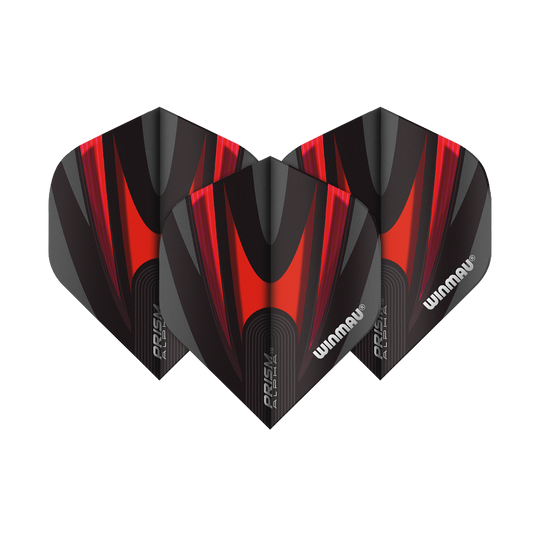 6915-167_Winmau_Prism_Alpha_6915-167_Standard_Flights_1ZUyc0ozJjctRl Das Bild zeigt drei Dart-Flights des Modells „Winmau Prism Alpha 6915.167 Standard“. Sie sind schwarz mit roten und grauen Akzenten und tragen das Winmau-Logo.