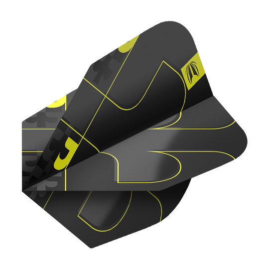 Vuelos Target ProUltra Bolide Void No6 Das Bild zeigt die Target ProUltra Bolide Void No6 Flights in einem modernen Design. Die Flights sind schwarz mit gelben Linien und grafischen Elementen gestaltet.
