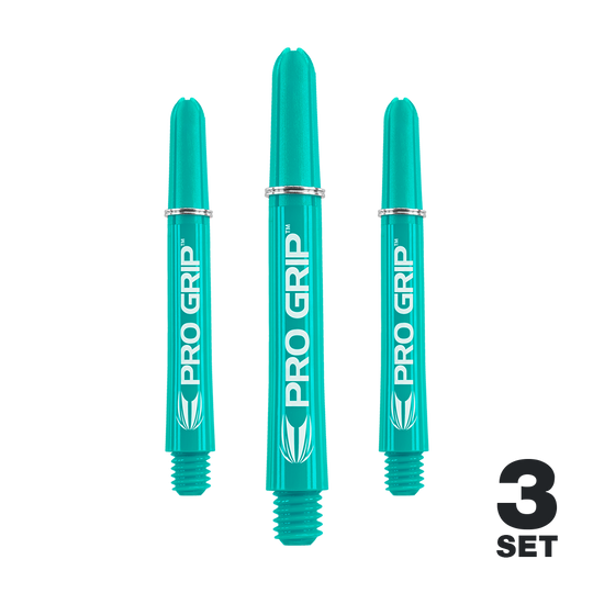 Das Bild zeigt drei türkisfarbene PRO GRIP Shafts für Dartpfeile. Unten rechts steht "3 SET" in schwarzer Schrift.