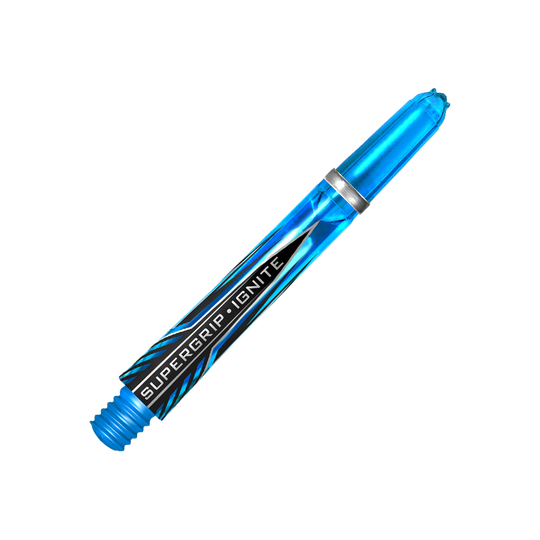 HR387_Harrows_Supergrip_Ignite_Shafts_Aqua_40mm_2 Dies ist ein Harrows Supergrip Ignite Shaft in der Farbe Aqua. Der Schaft ist transparent blau und hat ein modernes, auffälliges Design.