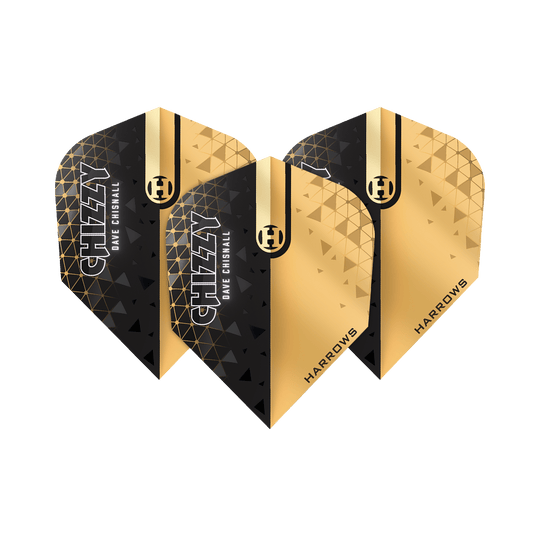 Harrows Prime Dave Chisnall Chizzy 2 No. 6 Vuelos Das Bild zeigt die Harrows Prime Dave Chisnall Chizzy 2 No6 Flights. Die Flights sind in Schwarz und Gold gestaltet und tragen die Aufschrift "CHIZZY DAVE CHISNALL" sowie "HARROWS".