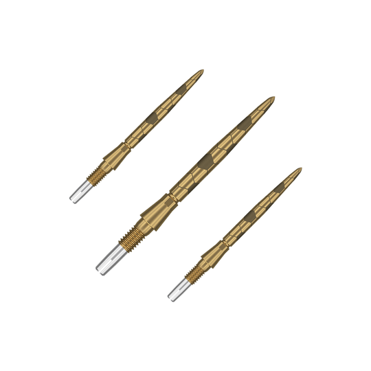 Puntas de dardos Target Swiss Storm Onyx Point - Oro Auf dem Bild sind drei goldfarbene Dartspitzen mit einem strukturierten Muster zu sehen. Sie haben ein silbernes Schraubgewinde am Ende zum Befestigen an Dartpfeilen.