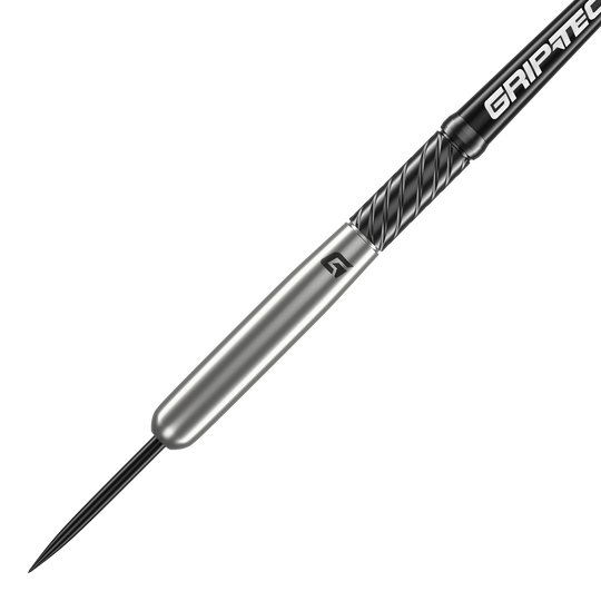Dardos de béisbol de acero de tungsteno GOAT Homerun Das Bild zeigt den GOAT Homerun Baseball Tungsten Steeldart. Der Dartpfeil hat ein schlankes, silbernes Design mit schwarzem Griffbereich und der Aufschrift "GRIPTEC".