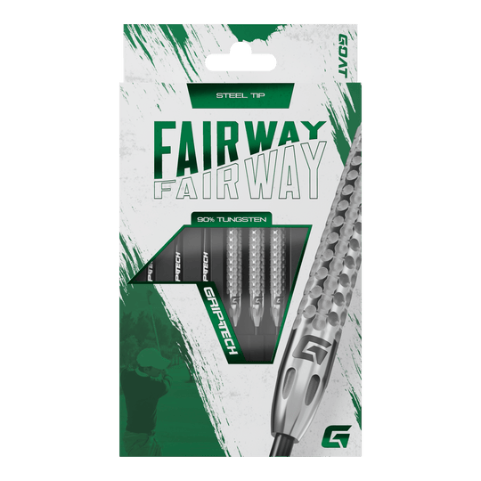 Dardos de acero de tungsteno GOAT Fairway V2 Die Abbildung zeigt die Verpackung der GOAT Fairway V2 Tungsten Steeldarts. Die Darts bestehen zu 90 % aus Tungsten und haben eine Stahspitze.