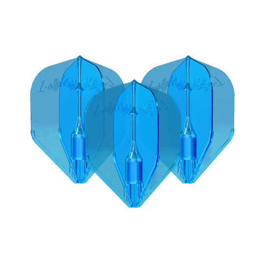 Plumas L-Style Fantom L3EZ Azul Das Bild zeigt drei blaue L-Style Fantom L3EZ Flights für Dartpfeile. Sie sind nebeneinander angeordnet und haben eine glänzende Oberfläche.