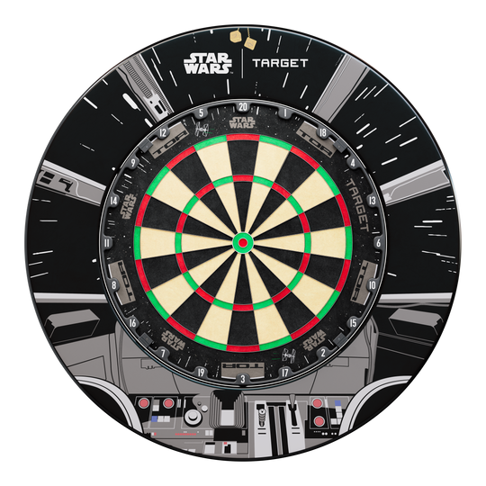 Paquete de dardos Target Star Wars Millennium Falcon TOR Dieses Bild zeigt das Target Star Wars Millennium Falcon Surround Board Bundle. Es handelt sich um ein spezielles Bundle für Dartliebhaber und Star Wars Fans.