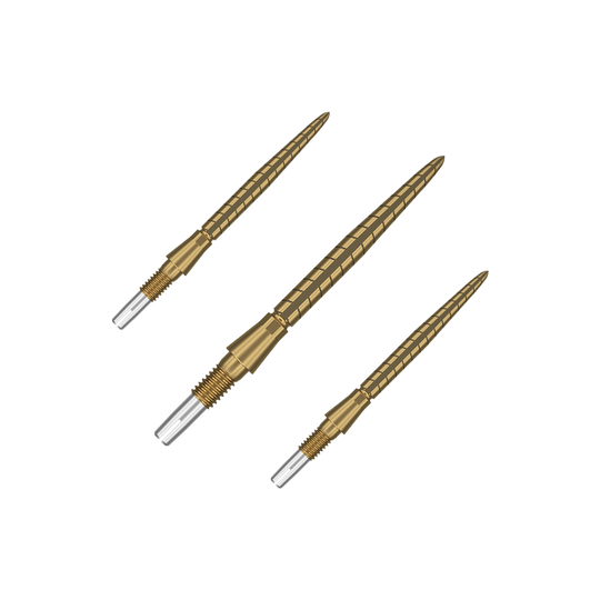 Puntas de dardos Target Swiss Storm Quartz - Doradas Auf dem Bild sind drei goldfarbene Dartspitzen zu sehen. Sie sind schlank, haben ein geriffeltes Design und haben vorne eine silberne Spitze.
