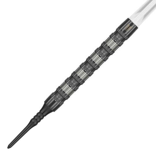 Dardos Target Rob Cross 95K Swiss Point Soft - 18 g Das Bild zeigt einen Target Rob Cross 95K Swiss Point Softdart mit einem Gewicht von 18 Gramm. Der Dartpfeil hat ein markantes, silber-schwarzes Griffdesign und eine schwarze Softspitze.