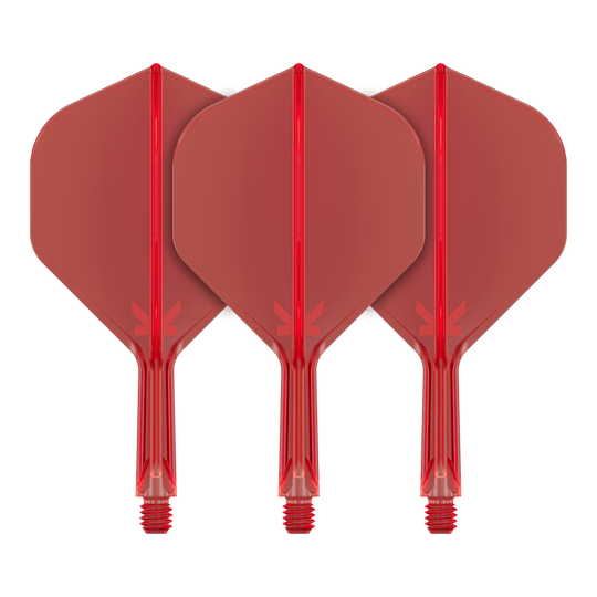 Sistema de vuelo estándar Target K-Flex No2 - Rojo Auf dem Bild sind drei rote Dartflights mit befestigtem Schaft zu sehen. Sie stehen nebeneinander und haben eine standardmäßige Pfeilform.