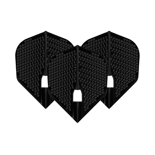 Das Bild zeigt drei schwarze L-Style Flights Dimple Champagne L3PRO Shape. Sie haben eine strukturierte Oberfläche mit kleinen runden Vertiefungen.