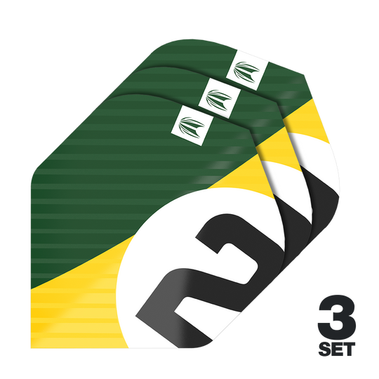 Plumas estándar Target Pro Ultra Chicane Green No2 (3 juegos) Das Bild zeigt drei Sets der Target Pro Ultra Chicane Green No2 Standard Flights. Die Flights sind grün mit gelben und weißen Akzenten sowie einer großen schwarzen „2“ bedruckt.