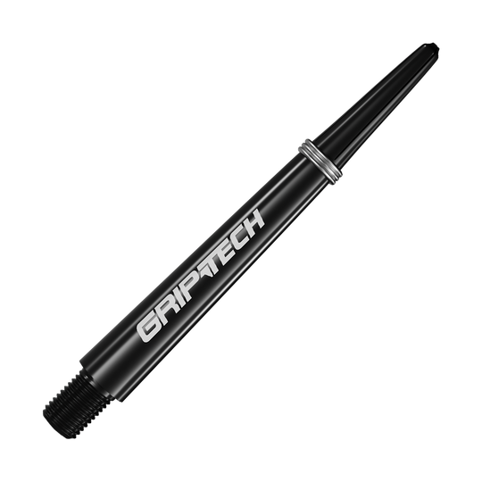 Varillas GOAT Griptech - Negras Auf dem Bild ist ein schwarzer Dart-Schaft mit der Aufschrift "GRIPTECH" zu sehen. Der Schaft ist schlank und hat silberne Ringe in der Nähe des oberen Endes.