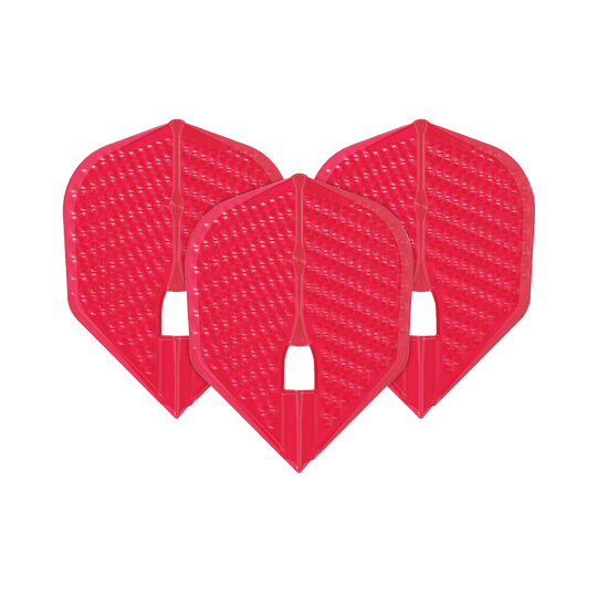 Das Bild zeigt drei rote Dartflights des Modells "L-Style Flights Dimple Champagne L3PRO Shape". Die Flights haben eine strukturierte Oberfläche mit kleinen Vertiefungen.