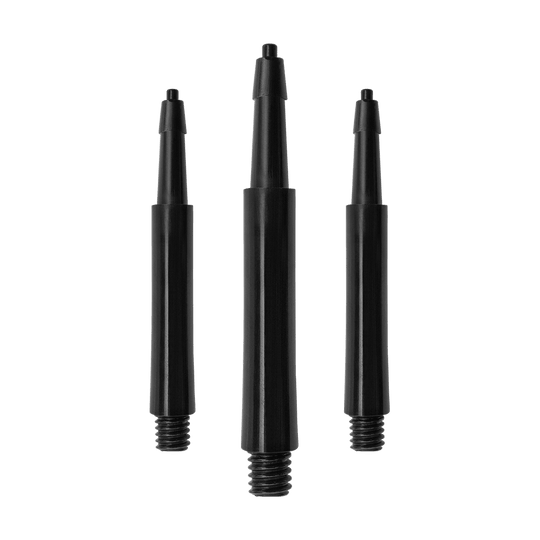 HRC12633_Harrows_Clic_Standard_Shafts_Schwarz_23mm_1 Das Bild zeigt drei schwarze Harrows Clic Standard Shafts. Sie sind unterschiedlich lang und haben ein Gewinde am unteren Ende.