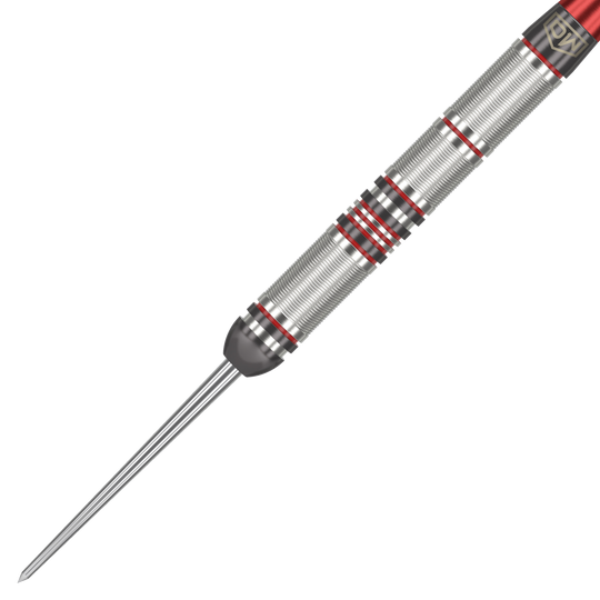 Dardos de acero DW Piranha Razor 01 Das Bild zeigt einen DW Piranha Razor 01 Steeldart. Der Dartpfeil ist silbern mit roten Akzenten und hat eine feine Griffstruktur.