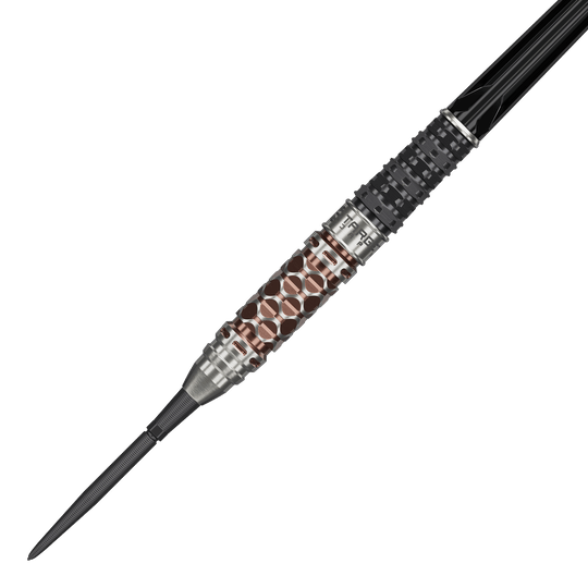 Abgebildet sind die Target Japan Charis GEN6 Swiss Point Steeldarts - 23g. Die spezielle Form und die Details der Darts sind gut zu erkennen.