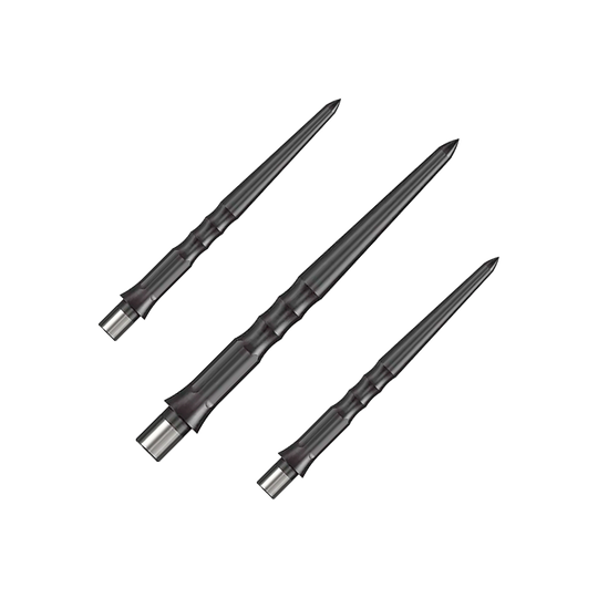 Puntas Caliburn System Steeldart - Onduladas - Sin labio - Negras Auf dem Bild sind drei schwarze Stahlspitzen für Dartpfeile zu sehen. Sie haben ein geriffeltes Design und sind 28 mm lang.