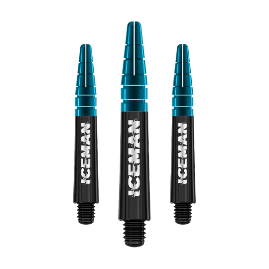 C636_Red_Dragon_Nitrotech_Gerwyn_Price_Shafts_Black_36mm_1SZBR6AcD9Ny6L Das Bild zeigt drei schwarze und blaue Dart-Schäfte mit der Aufschrift "ICEMAN". Es handelt sich um das Produkt "Red Dragon Nitrotech Gerwyn Price Black Shafts".