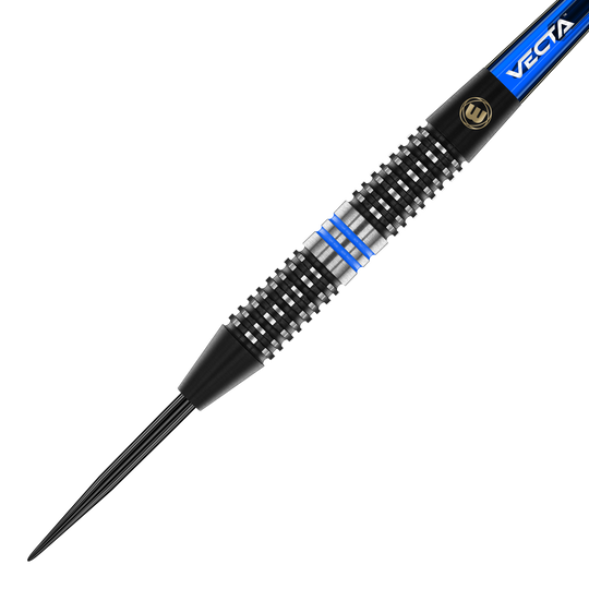 Dardos de acero Winmau Galactics Das Bild zeigt einen Winmau Galactics Steeldart. Der Dart hat ein schwarzes und silbernes Griffstück mit blauen Ringen.