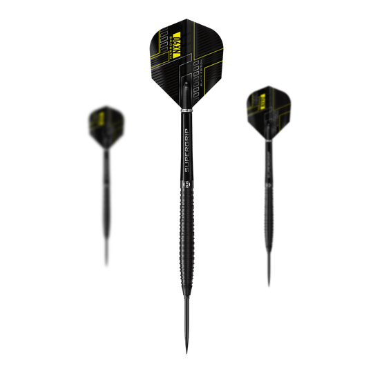 Dardos de acero de punta rápida cónica Harrows NX90 Black Edition Abgebildet sind die Harrows NX90 Black Edition Tapered Quick Point Steeldarts als Set. Das Bild zeigt die Zusammenstellung der Darts.