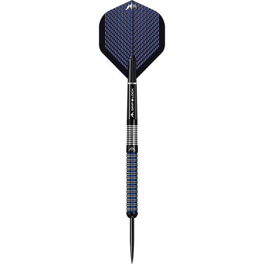 Dardos de acero Mission Nightfall Modelo 1 Das Bild zeigt einen Mission Nightfall Model 1 Steeldart. Der Dart hat ein modernes Design mit schwarzen und blauen Akzenten.