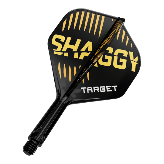 Sistema de eje de vuelo estándar Target K-Flex Scott Williams No2 Das Bild zeigt eine schwarze Dartflügel mit gelben und weißen Aufschriften. Auf dem Flügel stehen die Worte "SHAGGY" und "TARGET".