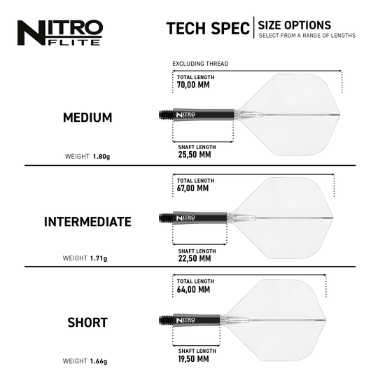 Das Bild zeigt die technischen Spezifikationen und Größenoptionen des Produkts 'Red Dragon Nitroflite - Black Shaft Clear No2 Flights'. Es werden die Längen und Gewichte für die Größen Medium, Intermediate und Short anschaulich dargestellt.